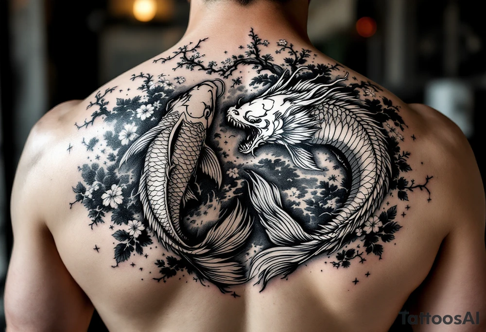 koi fish fighting a dragon with a sakura tree in the background, Japanese inspired piece tattoo idea