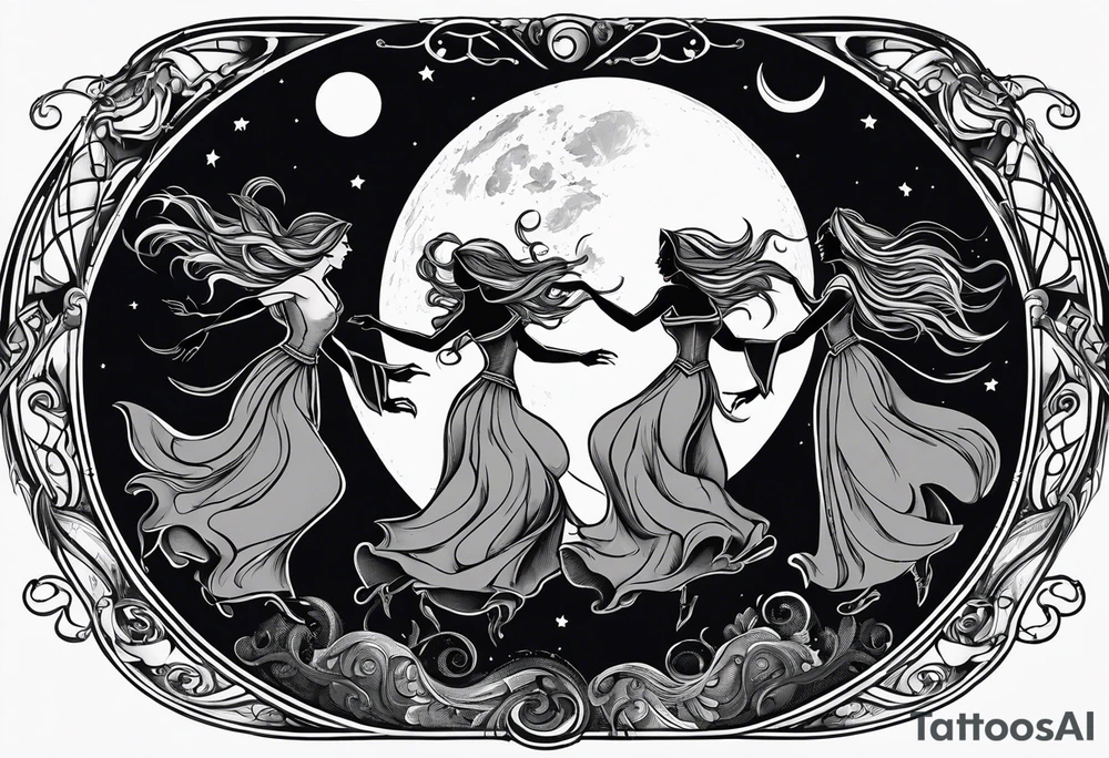 Three witches dancing to the moon in a black work style tattoo idea