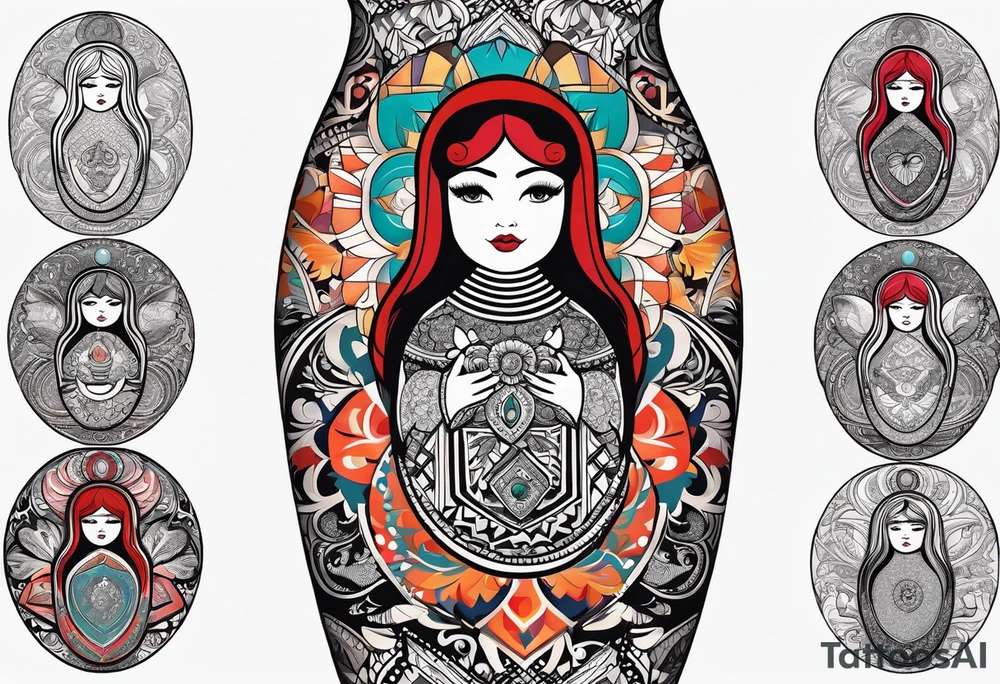 Russian doll with geometric design, surrounded by tapestry tattoo idea