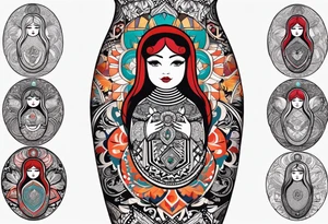 Russian doll with geometric design, surrounded by tapestry tattoo idea