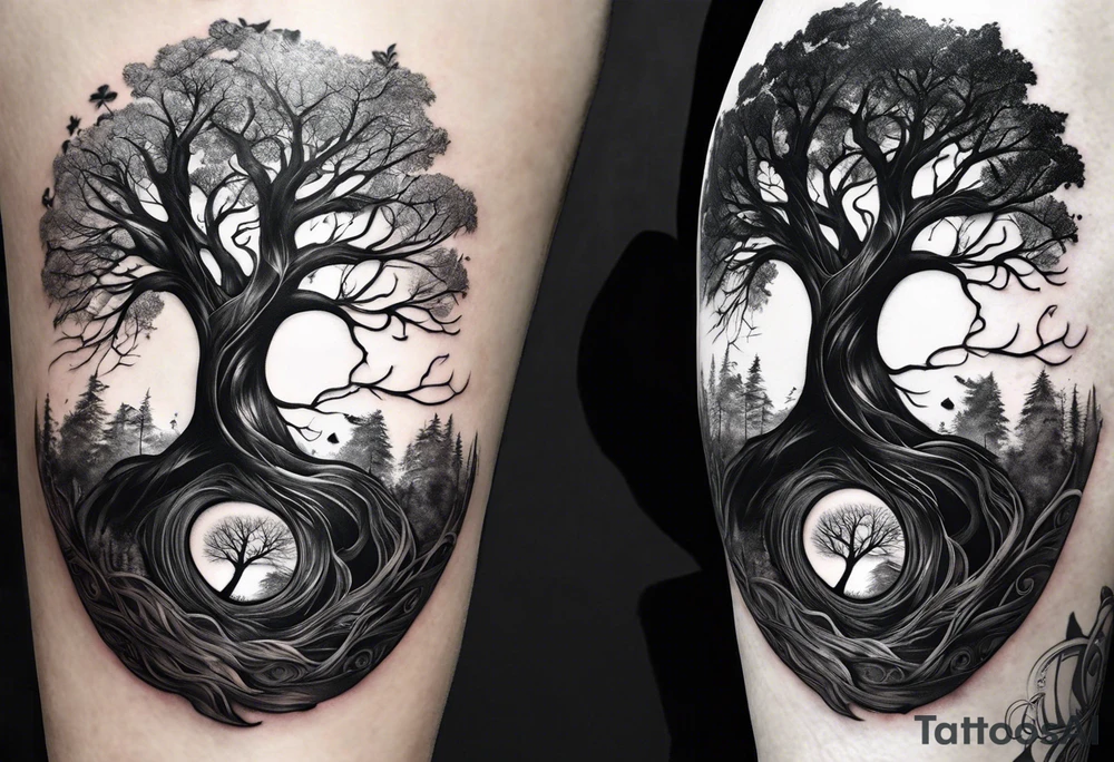 Andrea Rogge art tattoo, where two people are the roots and overflow into a tree, round tattoo tattoo idea