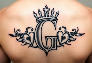 Letter G with a king crown and hearts tattoo idea