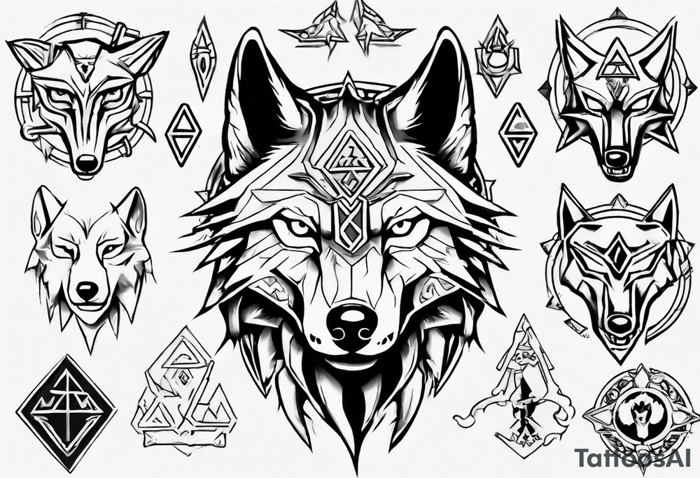 wolf head with zelda symbols tattoo idea