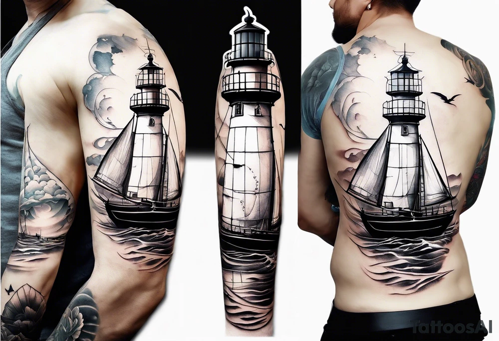maritime lighthouse in a front view sailboat serving as a mast for a sail. tattoo idea