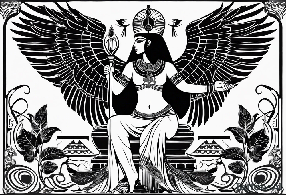 black and white Egyptian goddess Isis, who is often depicted as a woman with outstretched wings, holding an ankh (a symbol of life) in one hand and a lotus flower in the other. Her headdress often includes a throne or a solar disk. The tattoo design can vary in style and size, but it typically aims to capture the essence of this revered Egyptian deity, emphasizing her beauty, power, and maternal qualities. The choice of colors and additional elements can also be customized to create a unique and visually striking representation of the goddess Isis tattoo idea