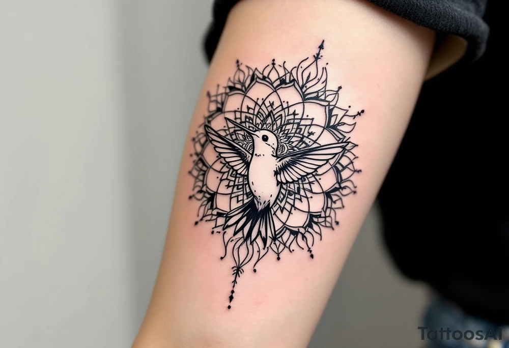 New school hummingbird centered in front of a mandala design tattoo idea