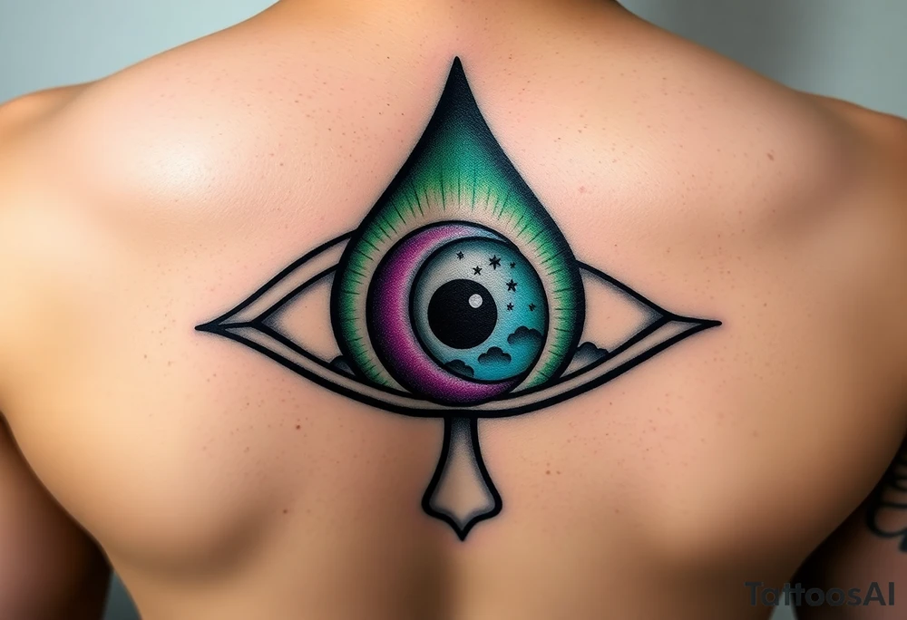 Large outline of an eye almond shaped with a spade for the eyeball + eyecolor greenish blue with a crescent moon stars and clouds inside of the spade eyeball using vivid colora like green purple and blue tattoo idea