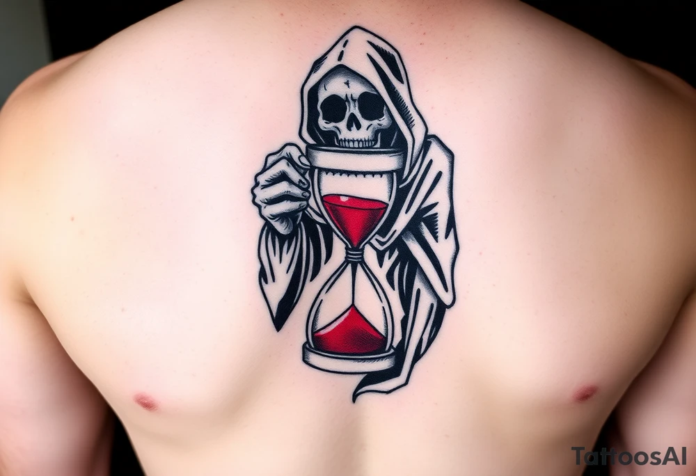 Simple grim reaper holding a hourglass with red sand and diamond like geometric shapes tattoo idea