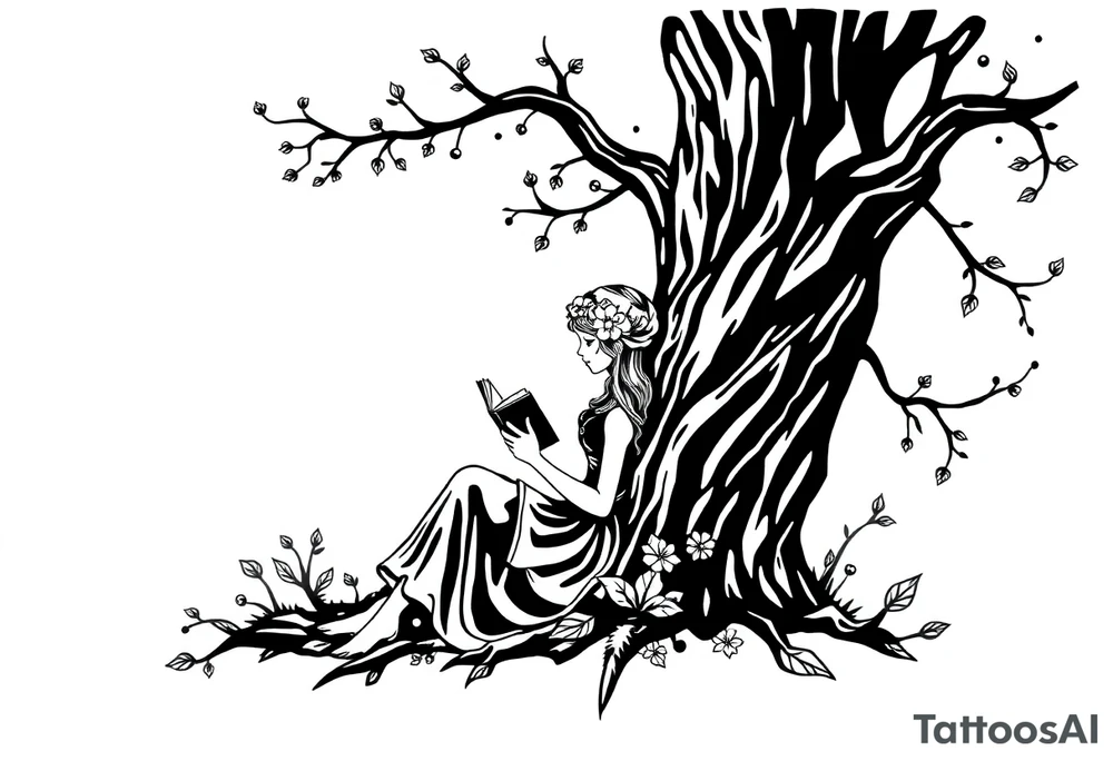 Magical woodland scene with a pretty girl reading a book leaning against a tree tattoo idea