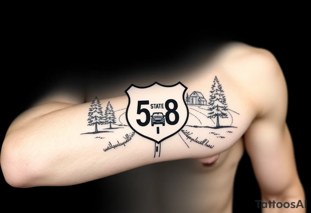 small State Route sign 558, with trees all around and a farm in background, road with a car scenic tattoo idea