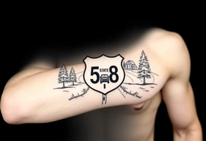 small State Route sign 558, with trees all around and a farm in background, road with a car scenic tattoo idea