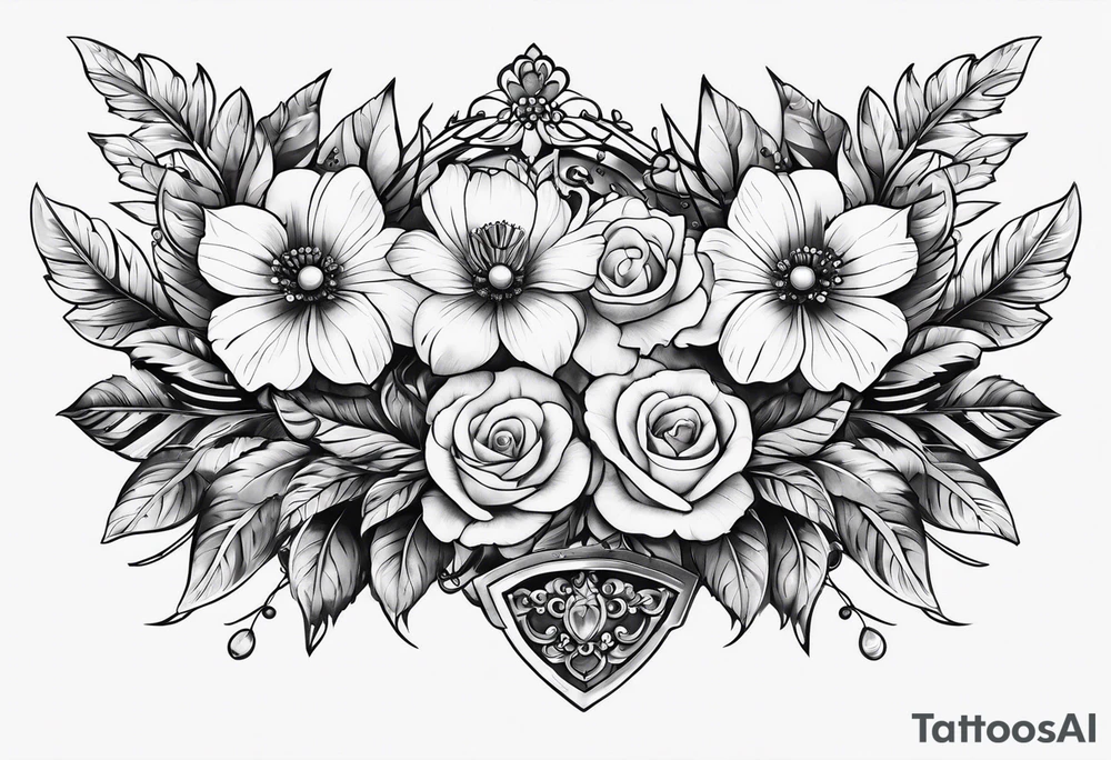 decorative chest piece with jewelry and flowers tattoo idea