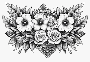 decorative chest piece with jewelry and flowers tattoo idea