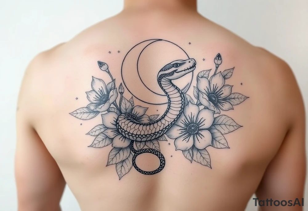 A snake slithering in different flowers with a crescent moon in the background tattoo idea
