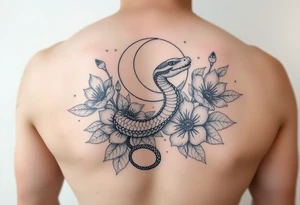A snake slithering in different flowers with a crescent moon in the background tattoo idea