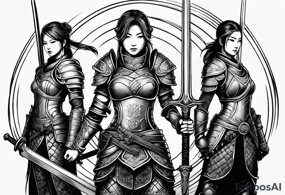 3 female warriors in full body armor wielding dual swords ready for battle, back facing, in front of an enso circle tattoo idea
