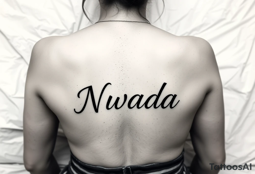 a woman's waist with the word "Nwada" written on her waist make her sit on the bed make it more sexy and make it more realistic tattoo idea