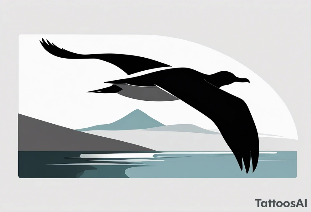 Black and white silhouette illustration of a sleek, minimalist albatross in flight, with a wide wingspan and streamlined body. The bird's silhouette captures its natural grace and power, with clean, flowing lines defining its form. The background features abstract, simplified representations of mountains, trees, and a body of water, all in soft, flowing shapes that enhance the serene, tranquil atmosphere. The overall design uses bold contrasts between the albatross and the background, creating a sleek, modern aesthetic while maintaining a sense of calm and elegance. tattoo idea