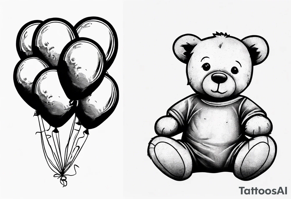 Teddy bear holding on to balloons and wearing a T-shirt tattoo idea