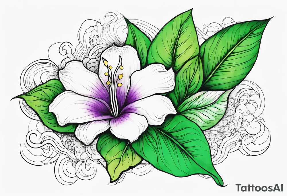 An outline of a rio dipladenia flower with a green and purple watercolor background tattoo idea
