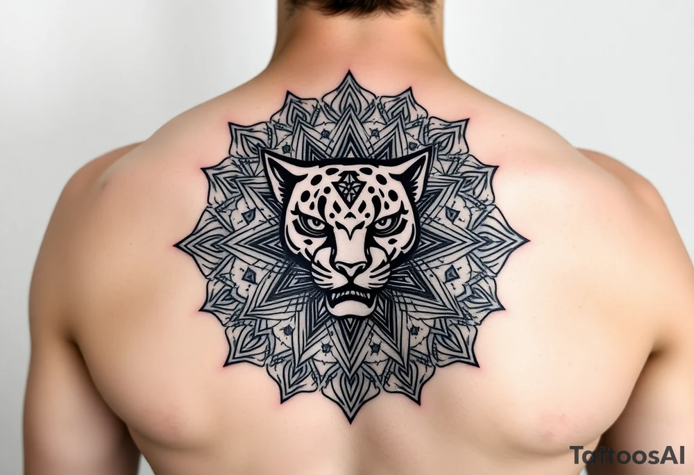 intricate mandala with sacred panther with geometry and cosmic elements tattoo idea