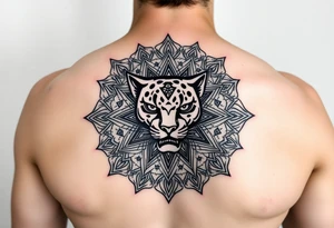 intricate mandala with sacred panther with geometry and cosmic elements tattoo idea