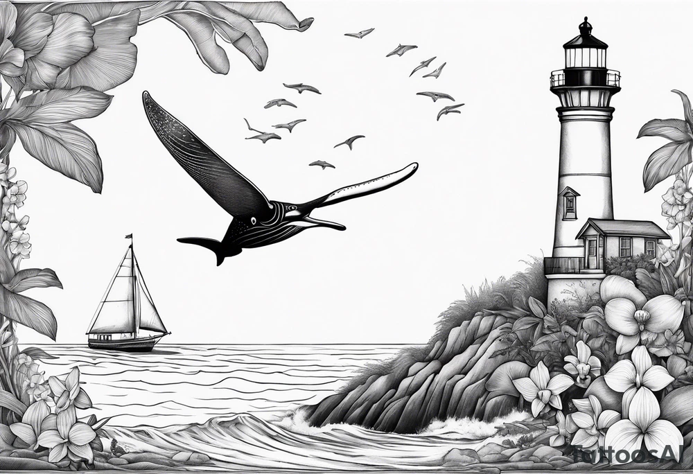 Lighthouse on a beach with a humpback whale's tail sticking out of the water of the ocean with a border containing an anchor and orchids tattoo idea