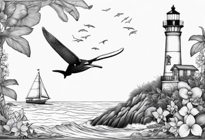 Lighthouse on a beach with a humpback whale's tail sticking out of the water of the ocean with a border containing an anchor and orchids tattoo idea