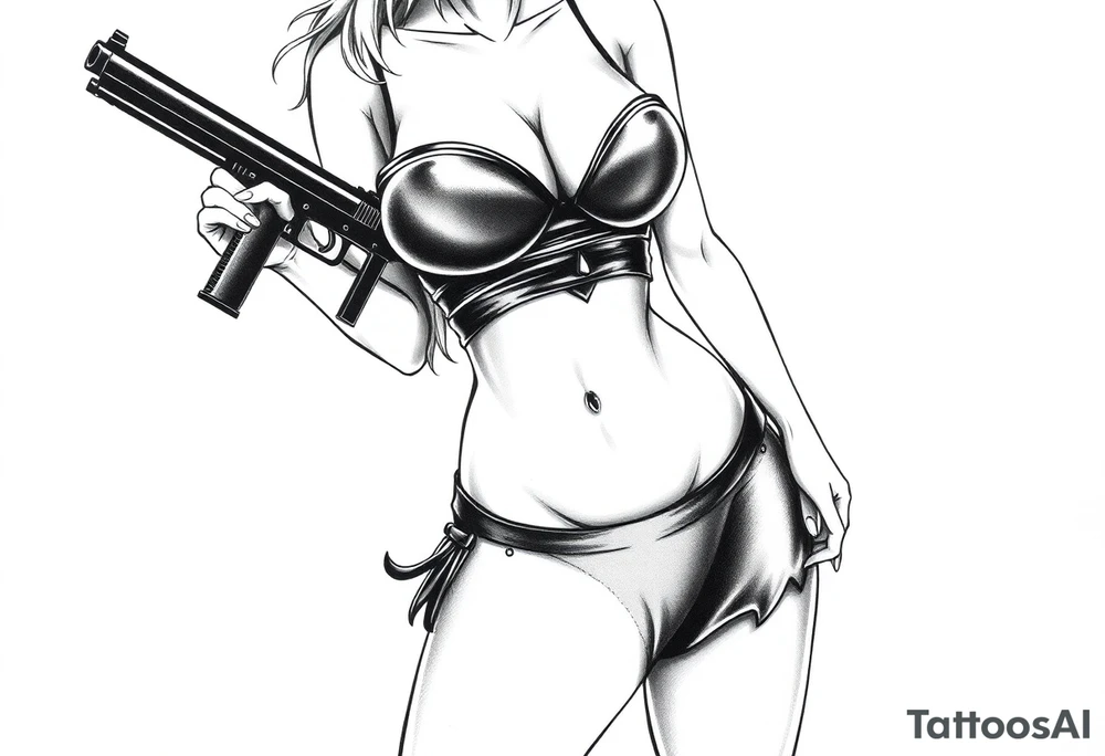 naked girl, slut, anime, holding gun, black, leather bikini, angry tattoo idea
