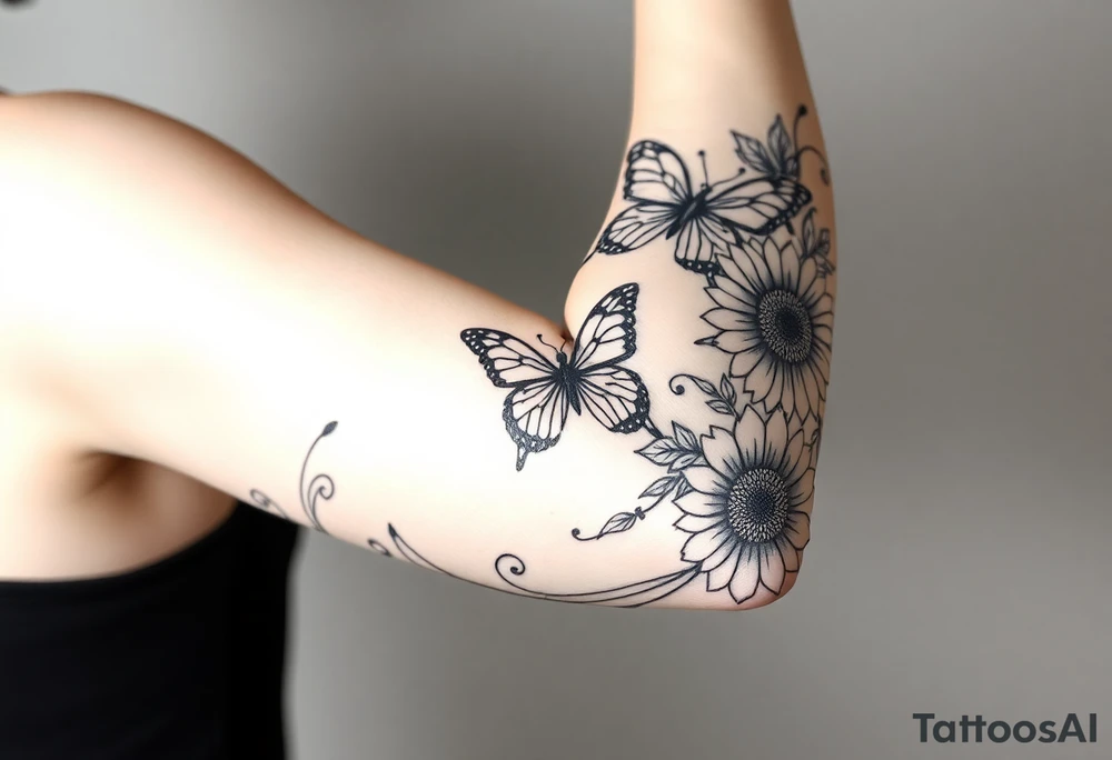 Butterflies tulips and sunflowers tattoo idea