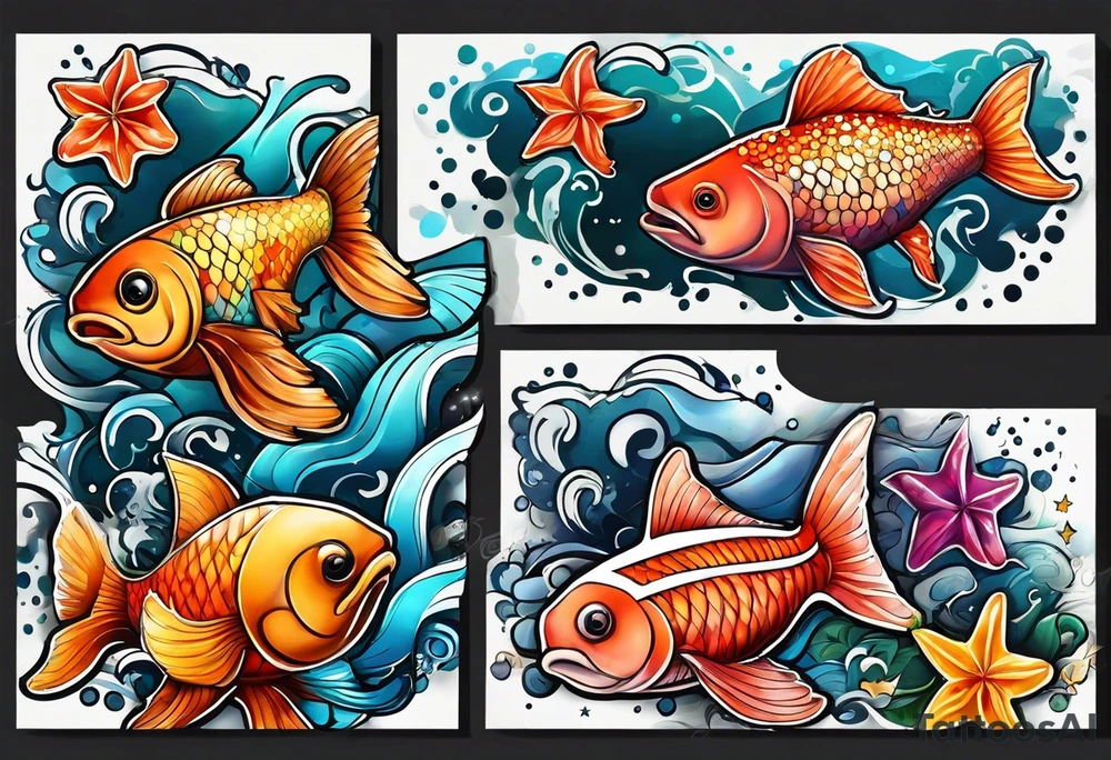 set of 3 star fish of with 3 different bright colors and 3 different shapes mixed with brightly covered salmon tattoo idea