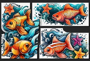 set of 3 star fish of with 3 different bright colors and 3 different shapes mixed with brightly covered salmon tattoo idea