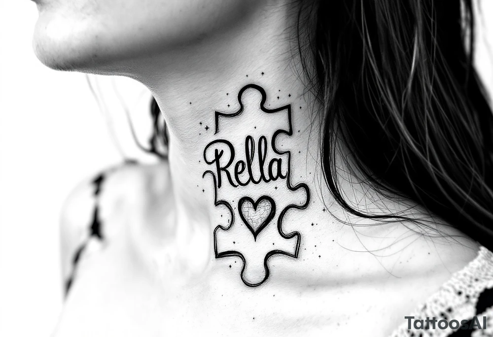 Puzzle piece neck tattoo where one of the pieces says Rella with an heart tattoo idea