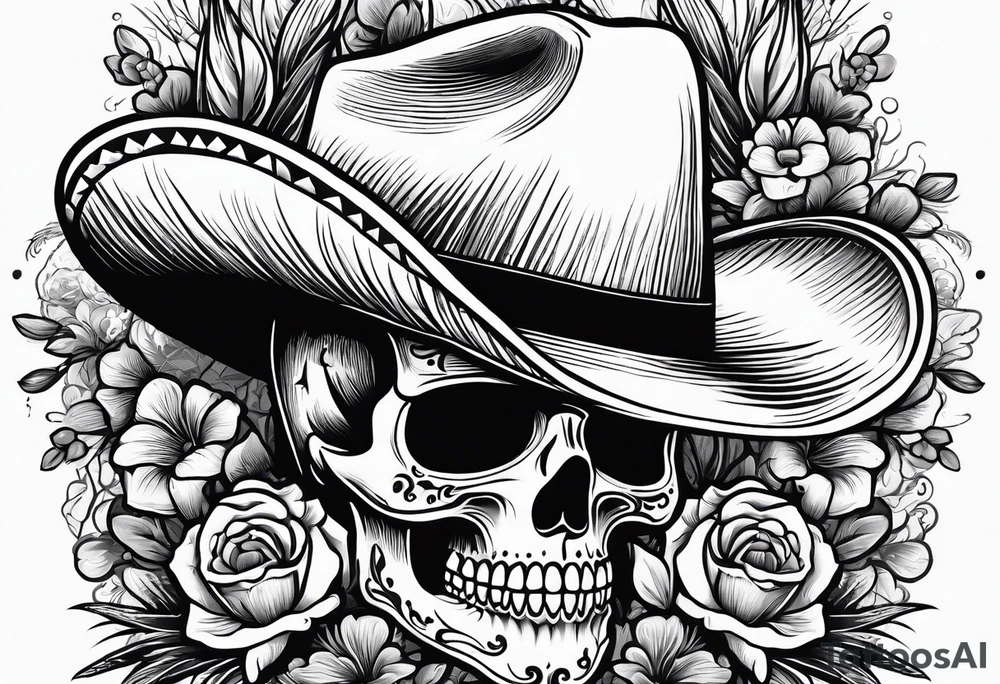 Mexican skull wearing cowboy hat with art paintbrushes and bluebonnets flowers tattoo idea