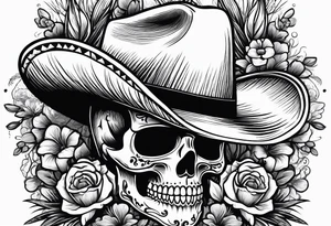 Mexican skull wearing cowboy hat with art paintbrushes and bluebonnets flowers tattoo idea