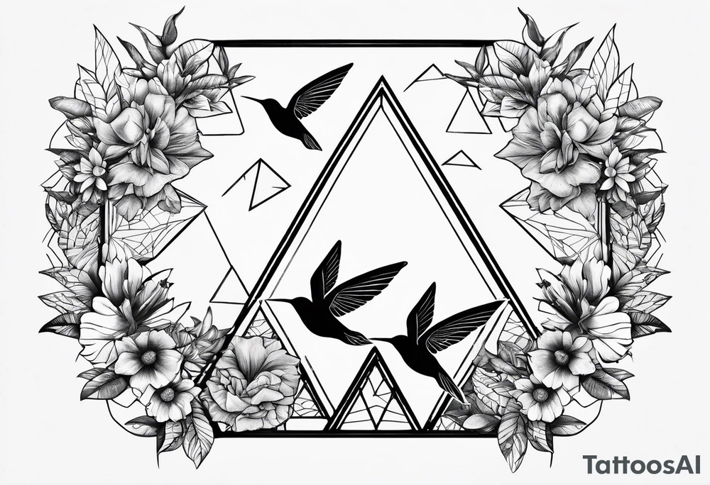 Line of symbols, double triangle, unclosed delta, crescent moon, hummingbird tattoo idea