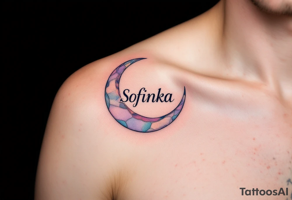 Sofinka name nestled within a crescent moon, shaded in light silver and pastel violet. tattoo idea