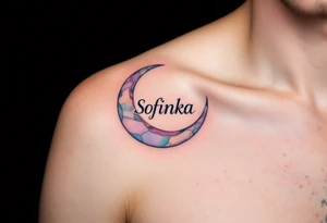 Sofinka name nestled within a crescent moon, shaded in light silver and pastel violet. tattoo idea