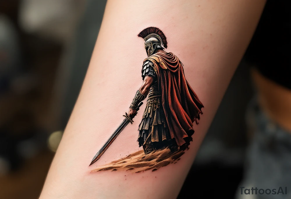 Roman gladiator with sword in coliseum on sand without audience and seen from behind with cape and helmet tattoo idea