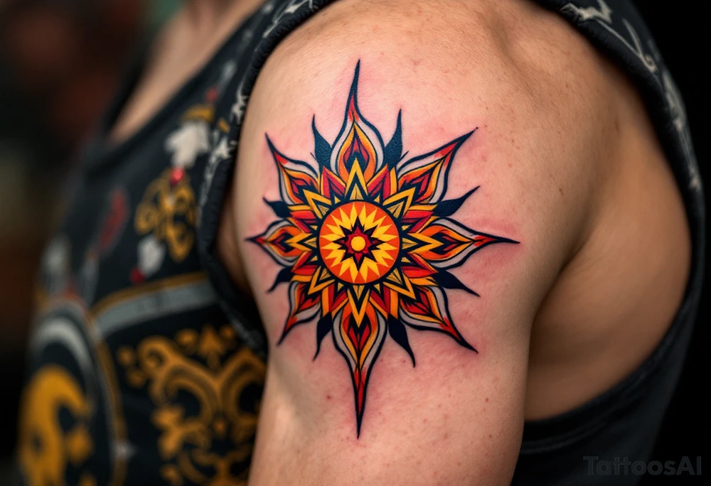 A stylized sun with orange, yellow, and red rays, echoing the Zia symbol of harmony. tattoo idea
