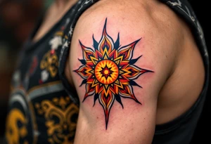 A stylized sun with orange, yellow, and red rays, echoing the Zia symbol of harmony. tattoo idea