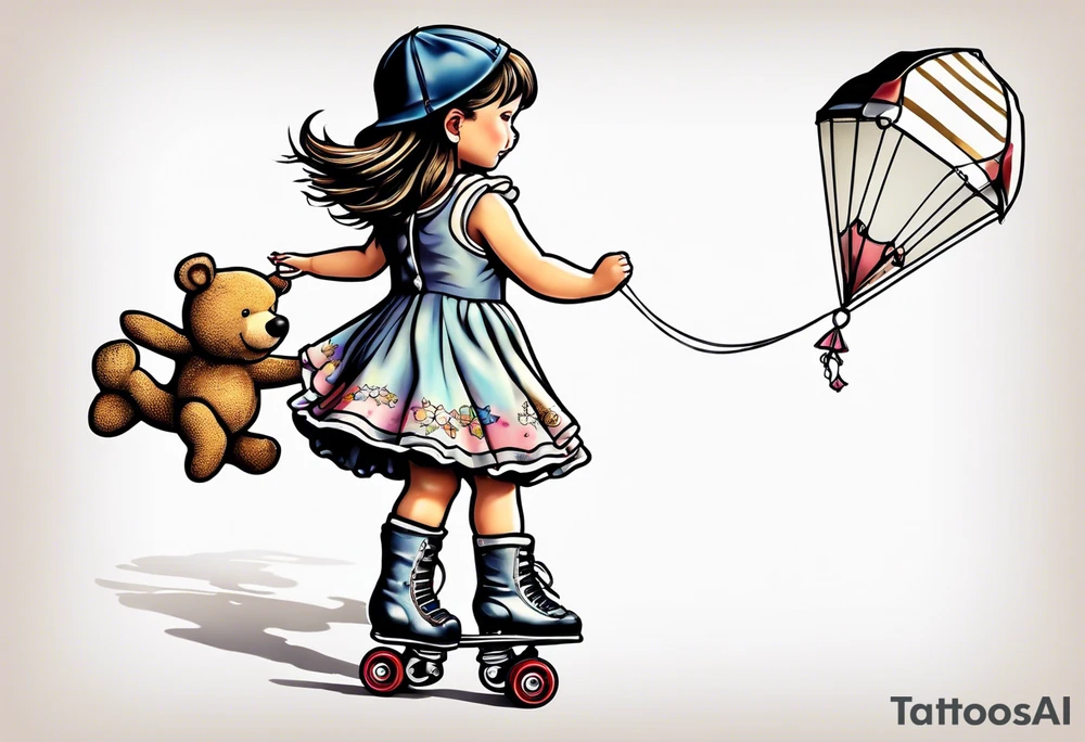 a little girl in a dress standing with a teddy bear in roller skates, flying a kite tattoo idea