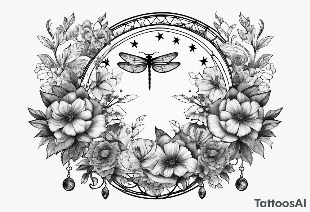 Floral moon phases with dragonfly and chain with stars in a line tattoo idea