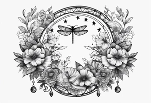 Floral moon phases with dragonfly and chain with stars in a line tattoo idea