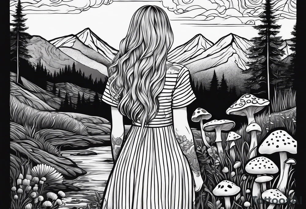 Straight long blonde hair hippie girl in distance holding mushrooms in hand facing away toward mountains and creek surrounded by mushrooms black and white striped dress tattoo idea