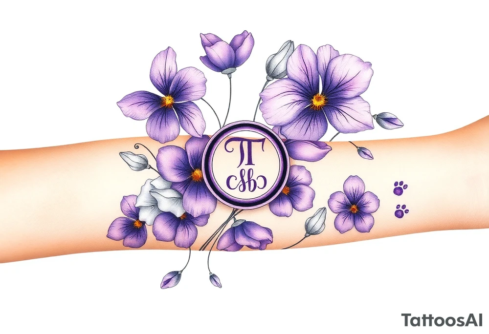 Violets, peace symbol, Pisces symbol, dog prints, amethyst, initials csb in cursive font tattoo idea