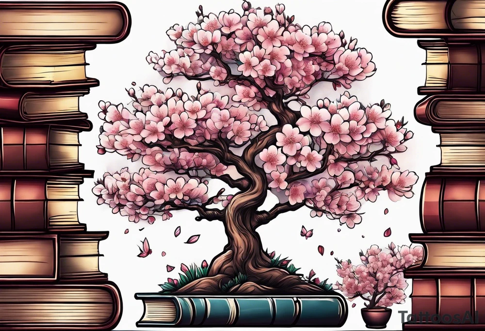 Cherry blossom tree growing out of a stack of books tattoo idea