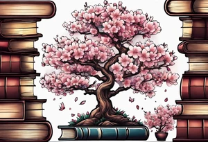 Cherry blossom tree growing out of a stack of books tattoo idea