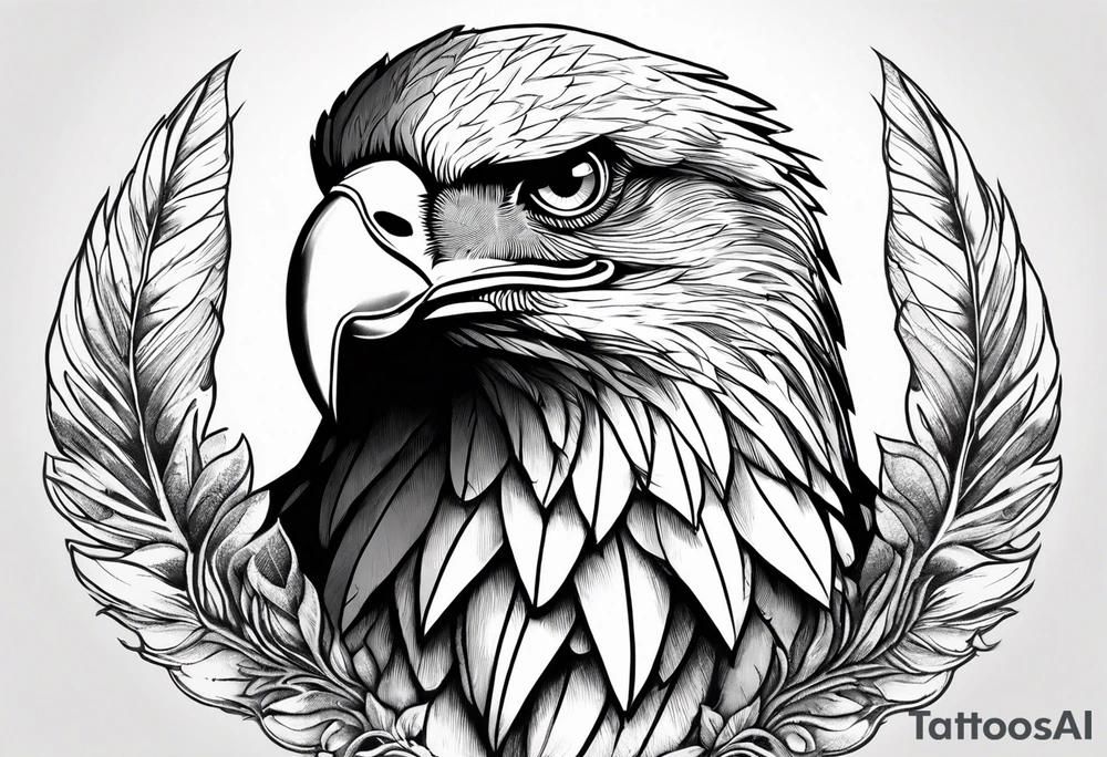 powerful eagle head on thigh with female face below tattoo idea