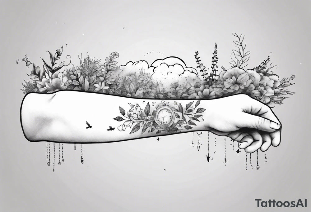 a forearm tattoo with a cloud with little plants and underneath it the date 12.08.05 tattoo idea